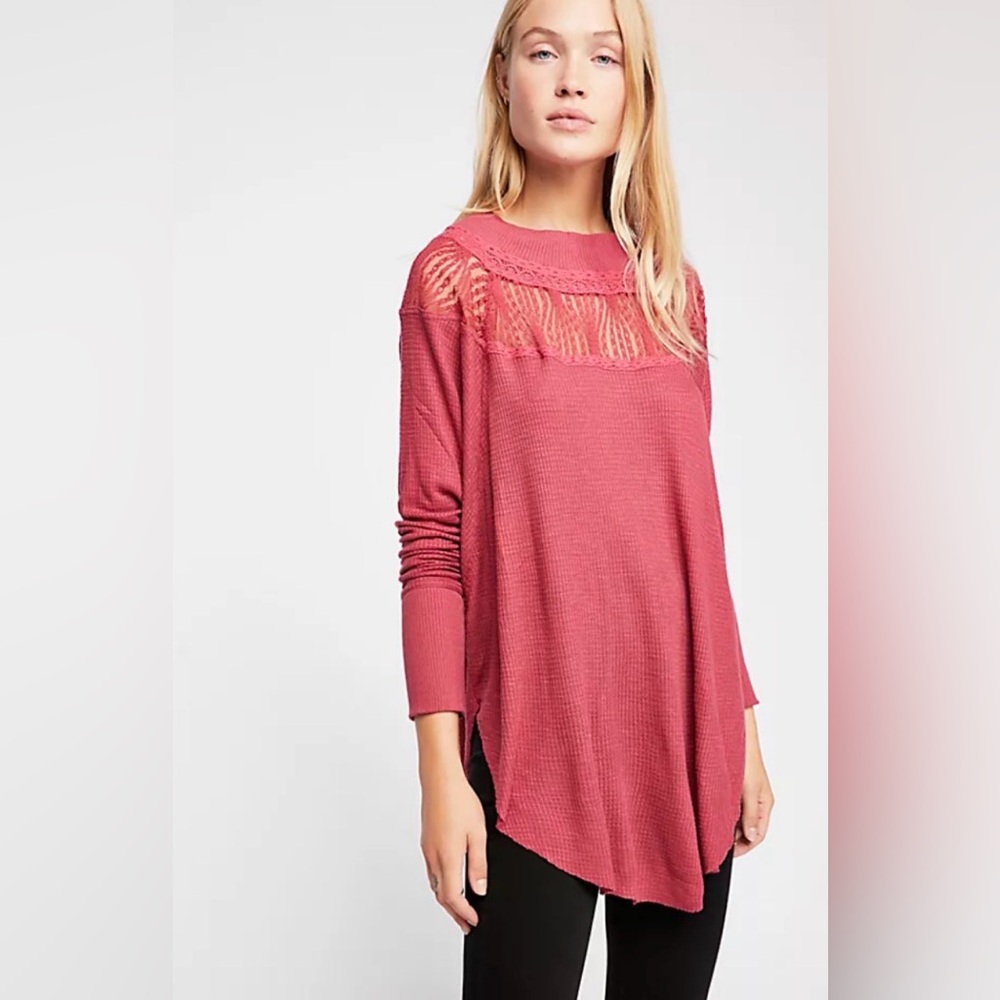 Free People Red Fall Winter Valley Lace Waffle Knit Thermal Boho Tunic Top